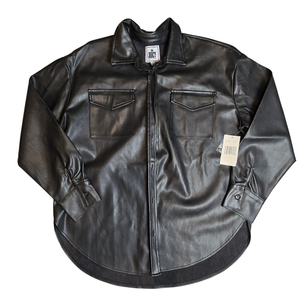 NWT Juicy Couture, Black, Plether long sleeve Button-Up Large